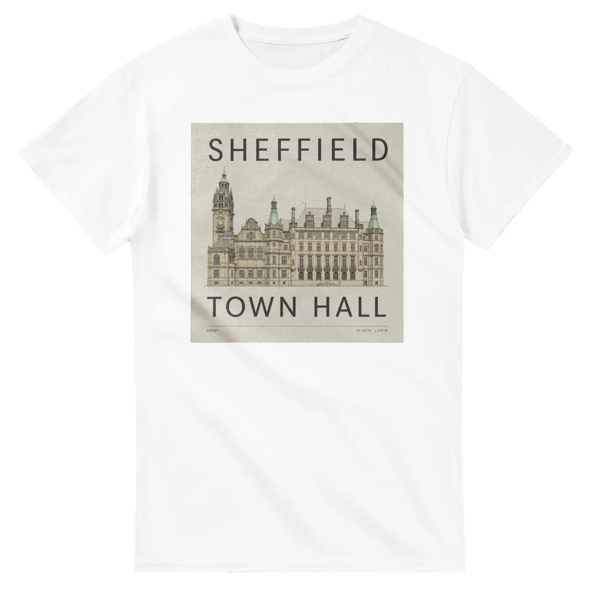 Fine-line engraving-style drawing for Sheffield, with a landmark caption and small coordinate text.