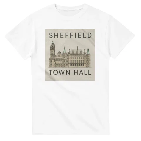 Fine-line engraving-style drawing for Sheffield, with a landmark caption and small coordinate text.
