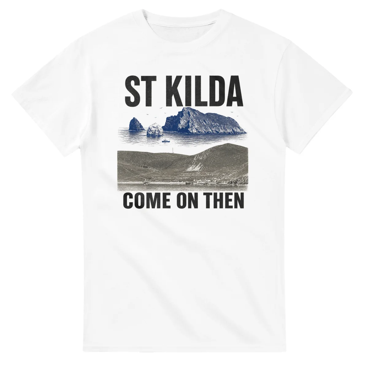 Two-colour scenic illustration for St Kilda, with the place name and COME ON THEN lettering.