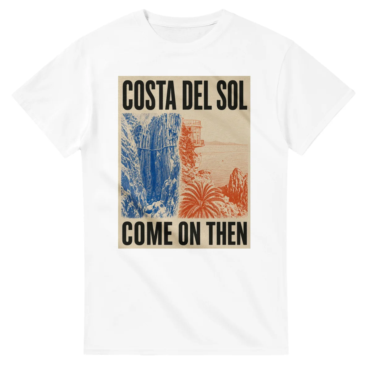 Two-colour scenic illustration for Costa del Sol, with the place name and COME ON THEN lettering.