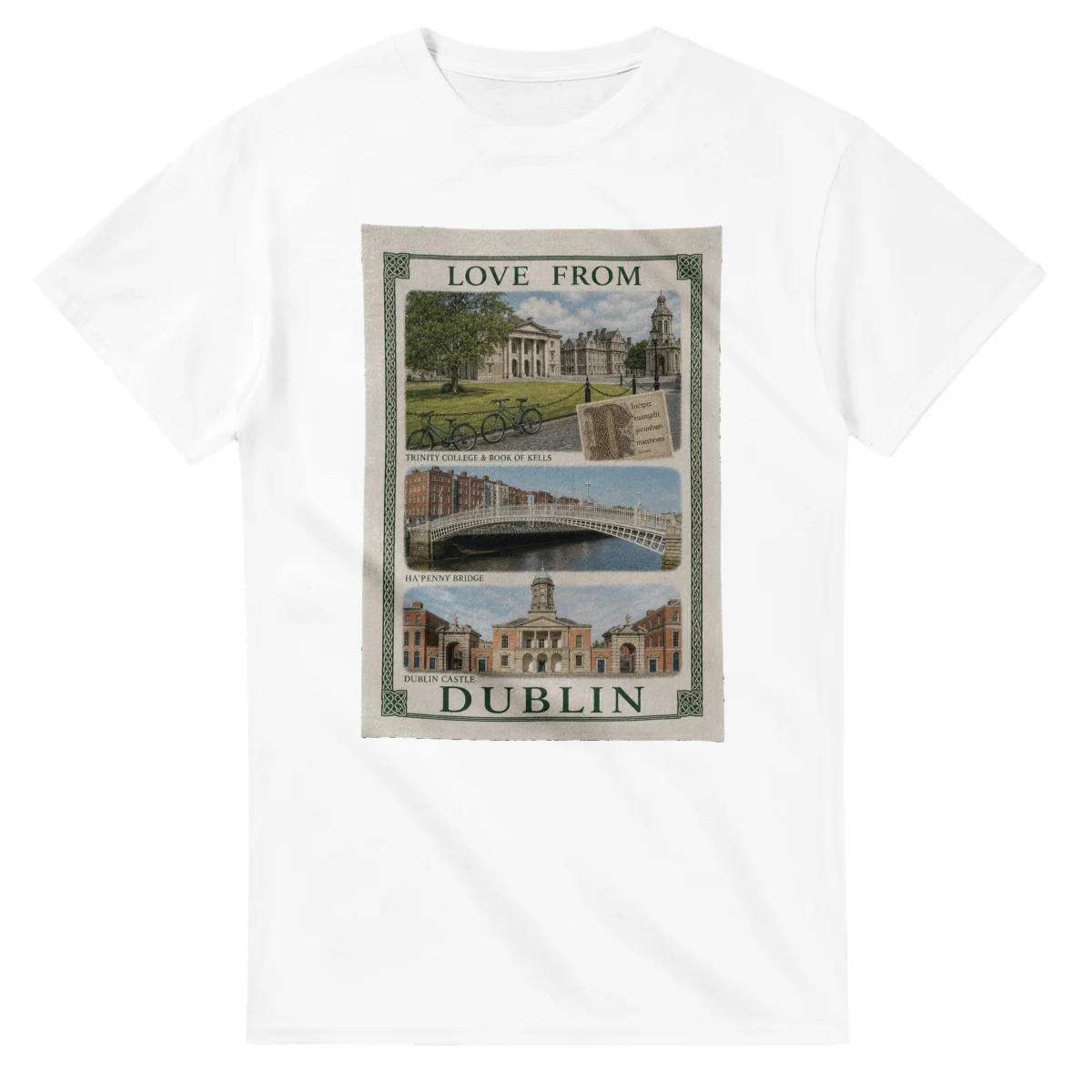 Framed scenic design for Dublin, with several local views, a decorative border and LOVE FROM lettering.