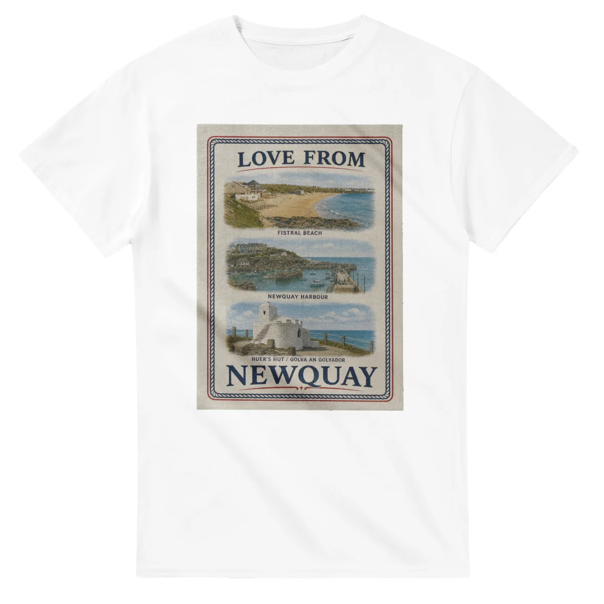 Framed scenic design for Newquay, with several local views, a decorative border and LOVE FROM lettering.