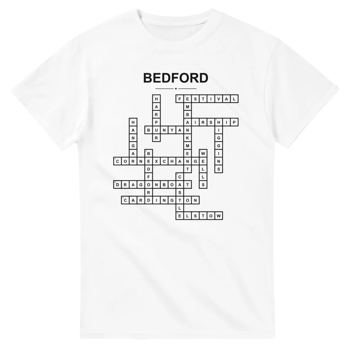 Monochrome crossword sheet for Bedford, with a large place-name heading, a letter grid, and numbered across and down clues.