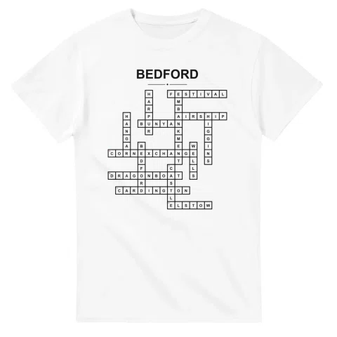 Monochrome crossword sheet for Bedford, with a large place-name heading, a letter grid, and numbered across and down clues.