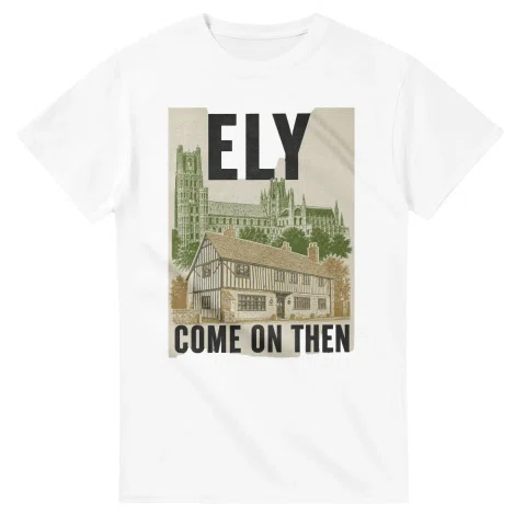 Two-colour scenic illustration for Ely, with the place name and COME ON THEN lettering.
