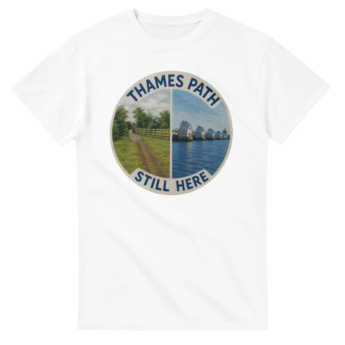 Painted, panelled scenic illustration for Thames Path, with paired local scenes and the place name in lettering.