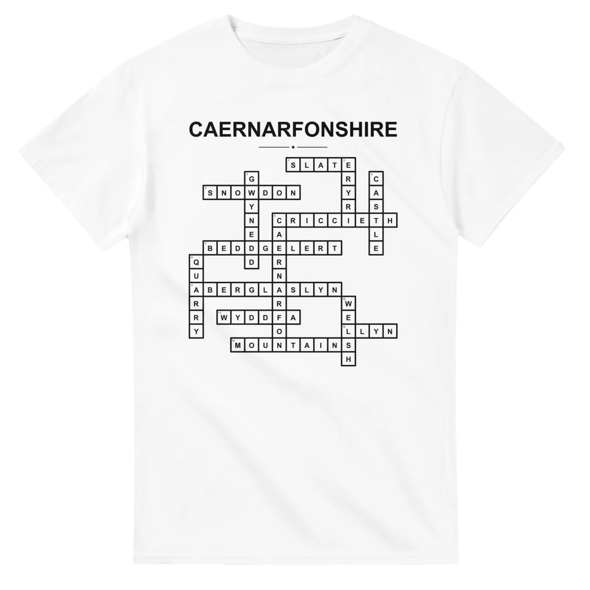 Monochrome crossword sheet for Caernarfonshire, with a large place-name heading, a letter grid, and numbered across and down clues.