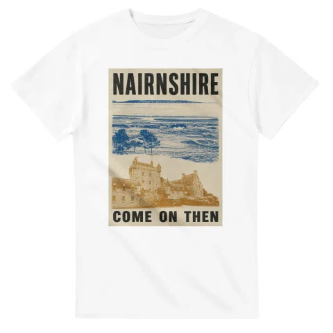 Two-colour scenic illustration for Nairnshire, with the place name and COME ON THEN lettering.