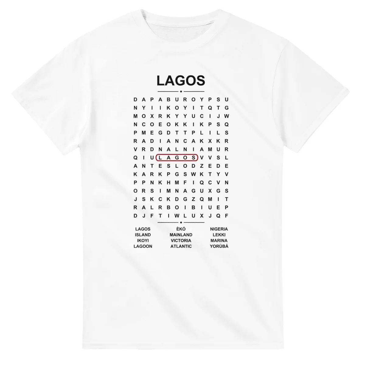 Word-search sheet for Lagos, with a large place-name heading, a letter grid, a local answer list, and a red highlighted example word.