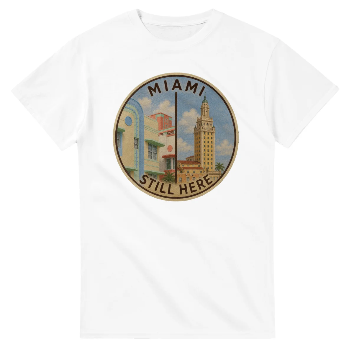 Painted, panelled scenic illustration for Miami, with paired local scenes and the place name in lettering.