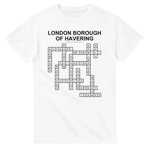 Monochrome crossword sheet for London Borough of Havering, with a large place-name heading, a letter grid, and numbered across and down clues.