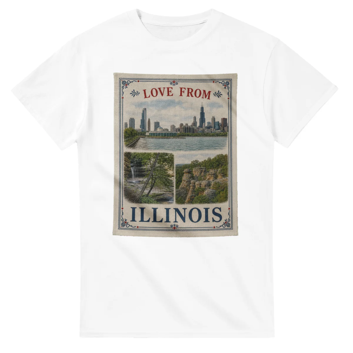 Framed scenic design for Illinois, with several local views, a decorative border and LOVE FROM lettering.