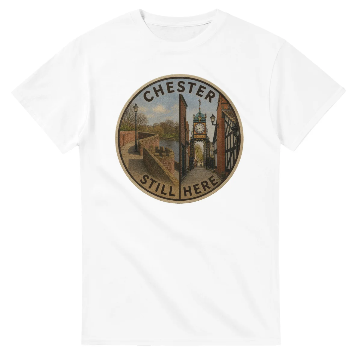 Painted, panelled scenic illustration for Chester, with paired local scenes and the place name in lettering.