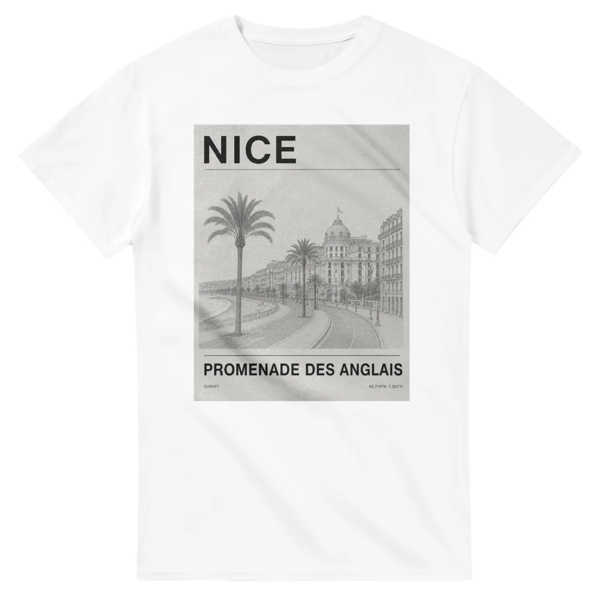 Fine-line engraving-style drawing for Nice, with a landmark caption and small coordinate text.