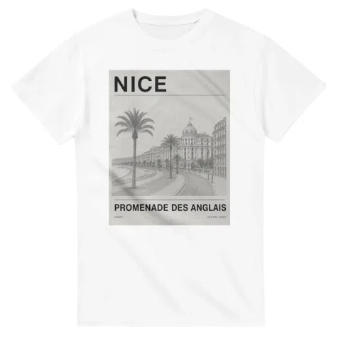 Fine-line engraving-style drawing for Nice, with a landmark caption and small coordinate text.