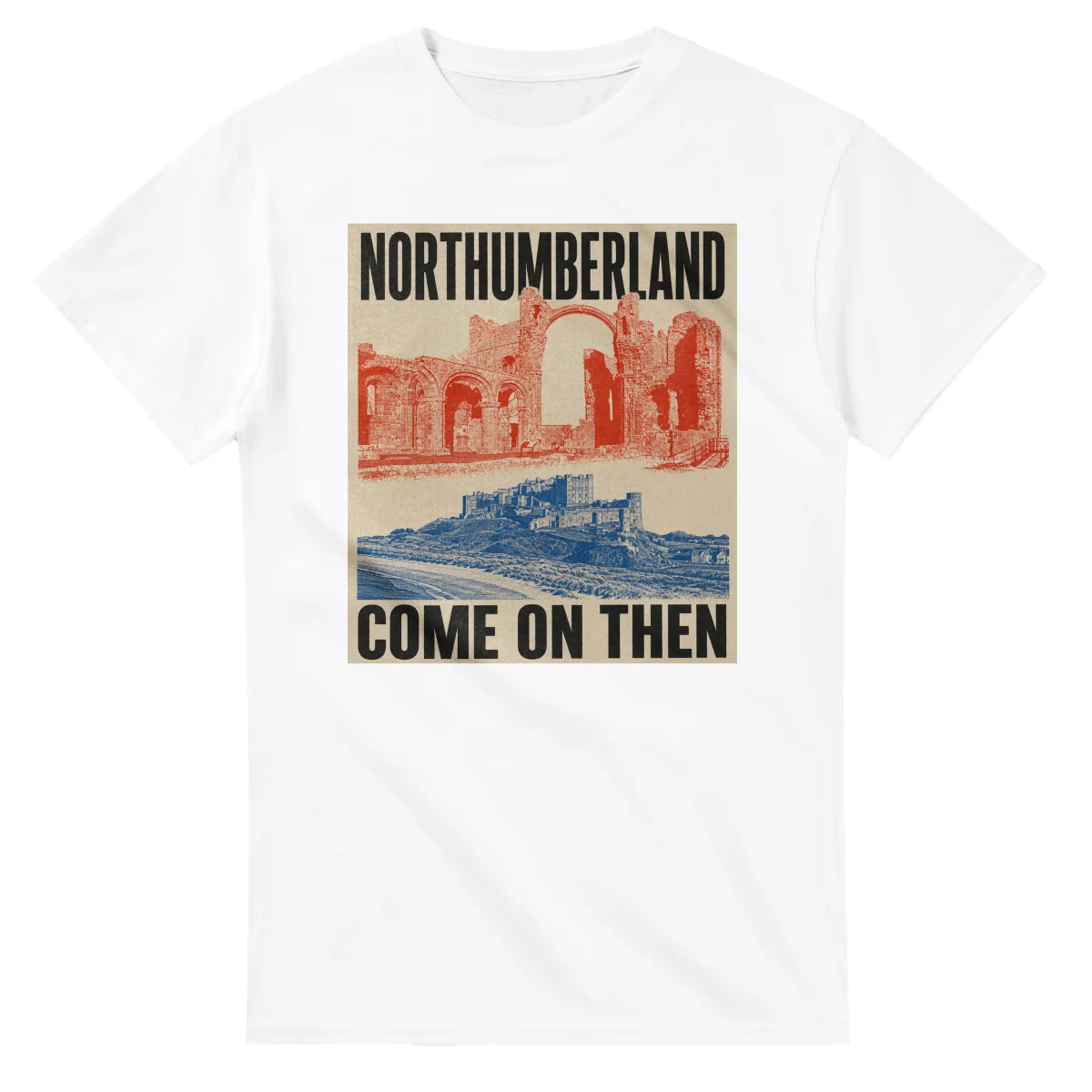 Two-colour scenic illustration for Northumberland, with the place name and COME ON THEN lettering.