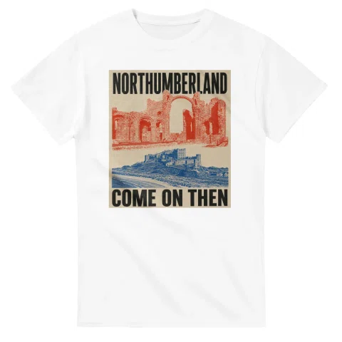 Two-colour scenic illustration for Northumberland, with the place name and COME ON THEN lettering.