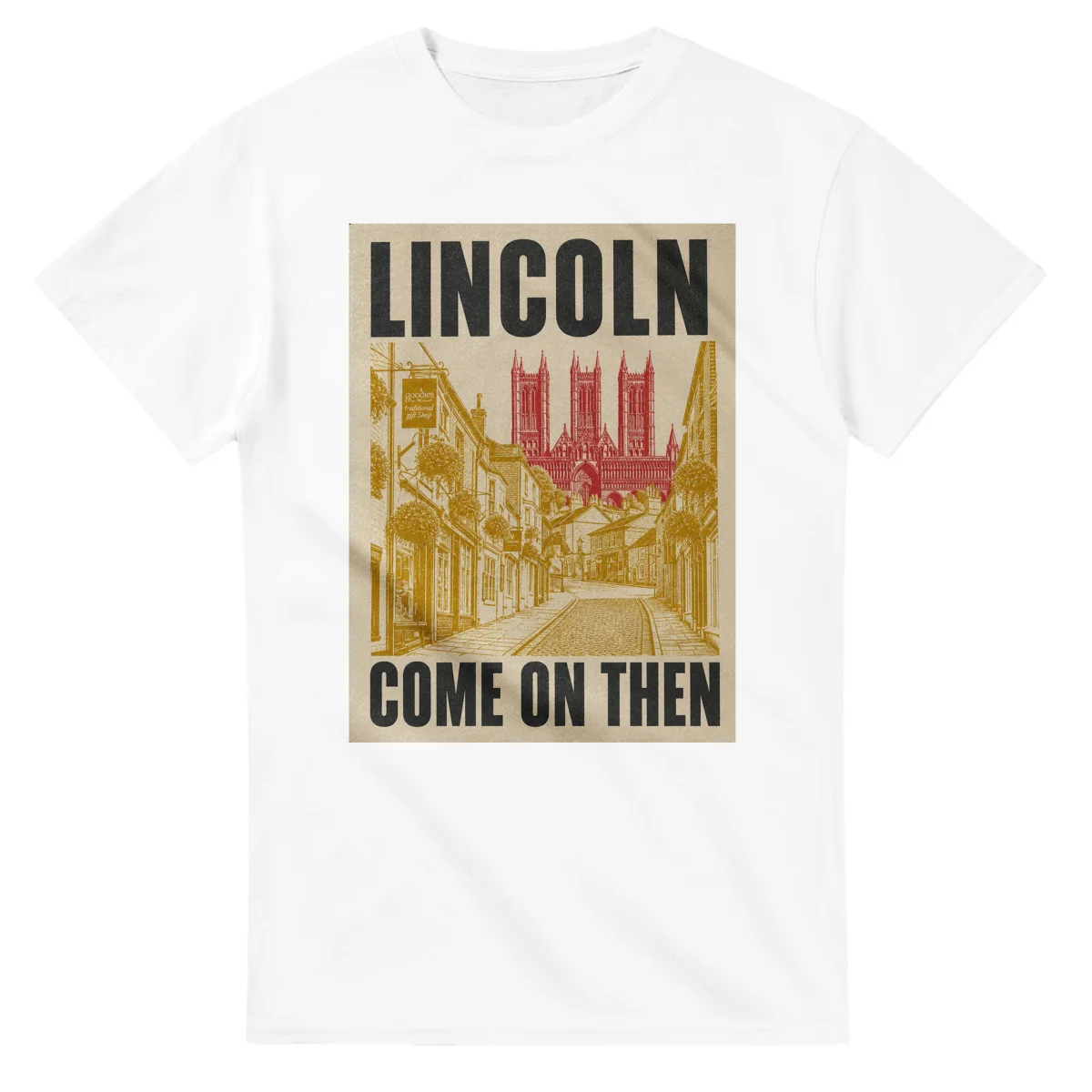 Two-colour scenic illustration for Lincoln, with the place name and COME ON THEN lettering.