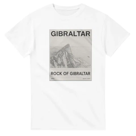 Fine-line engraving-style drawing for Gibraltar, with a landmark caption and small coordinate text.