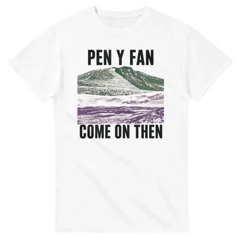 Two-colour scenic illustration for Pen y Fan, with the place name and COME ON THEN lettering.