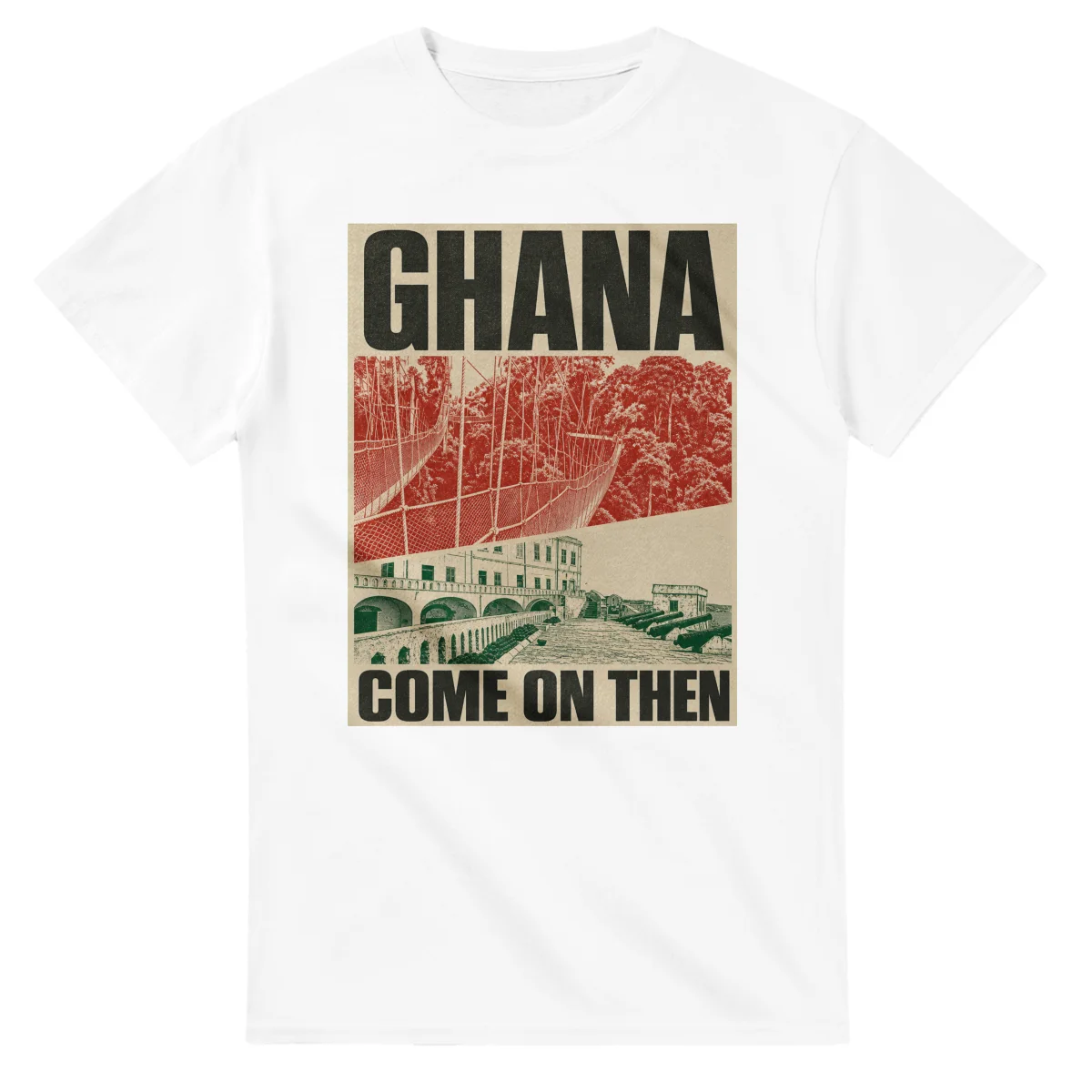 Two-colour scenic illustration for Ghana, with the place name and COME ON THEN lettering.