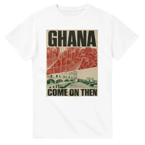 Two-colour scenic illustration for Ghana, with the place name and COME ON THEN lettering.