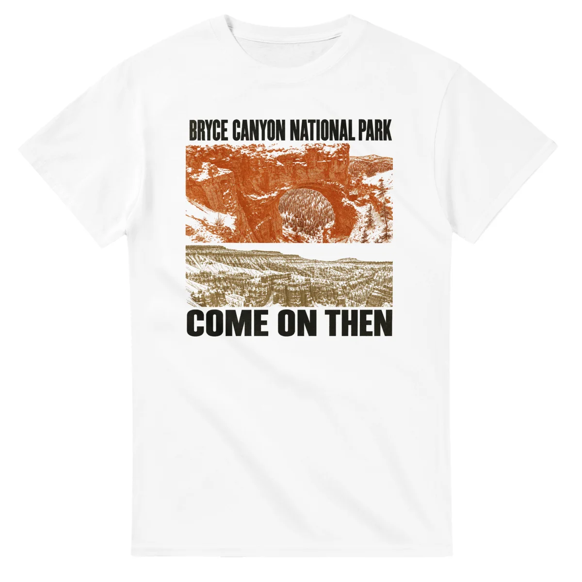 Two-colour scenic illustration for Bryce Canyon National Park, with the place name and COME ON THEN lettering.