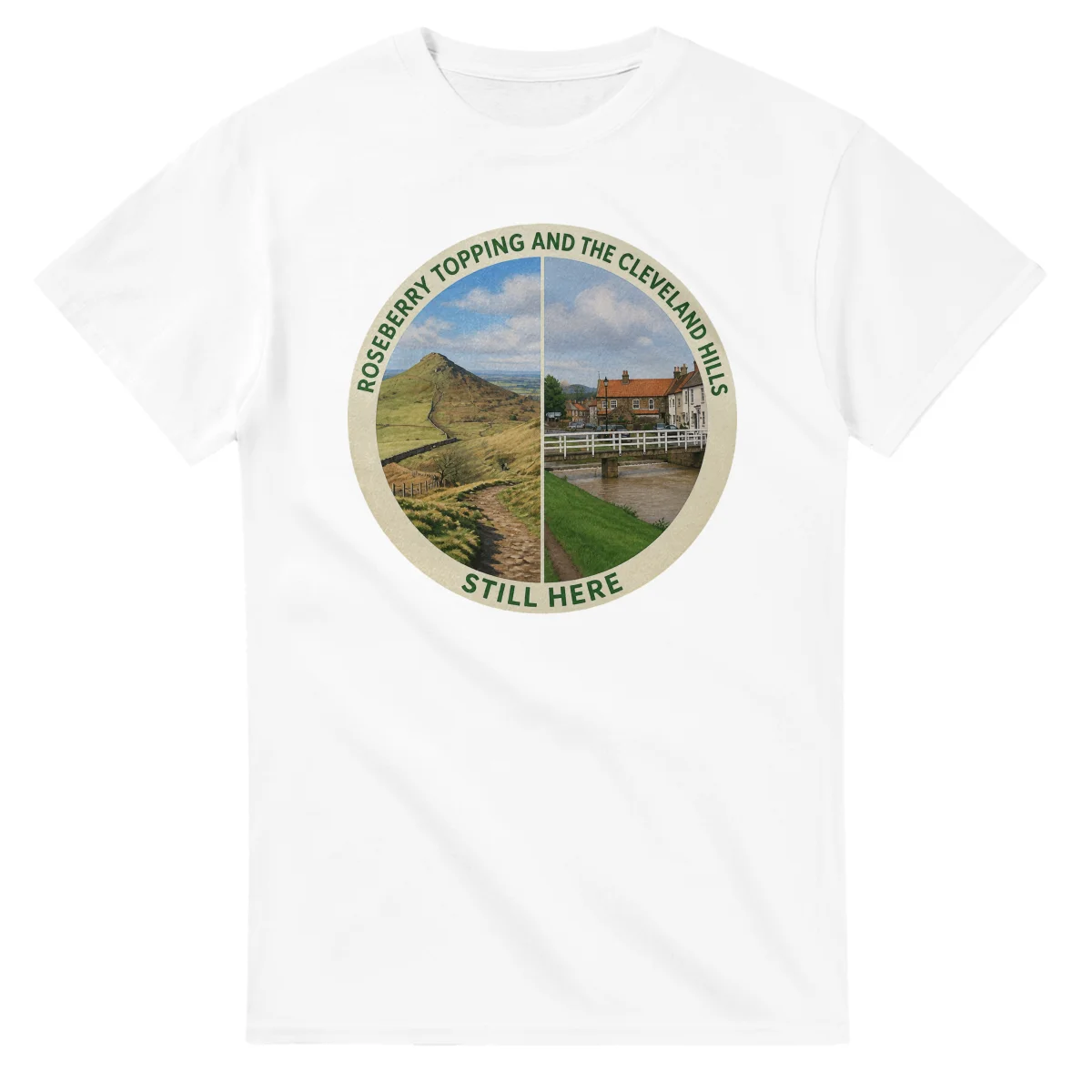 Painted, panelled scenic illustration for Roseberry Topping and the Cleveland Hills, with paired local scenes and the place name in lettering.