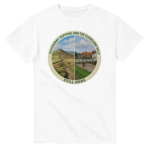 Painted, panelled scenic illustration for Roseberry Topping and the Cleveland Hills, with paired local scenes and the place name in lettering.