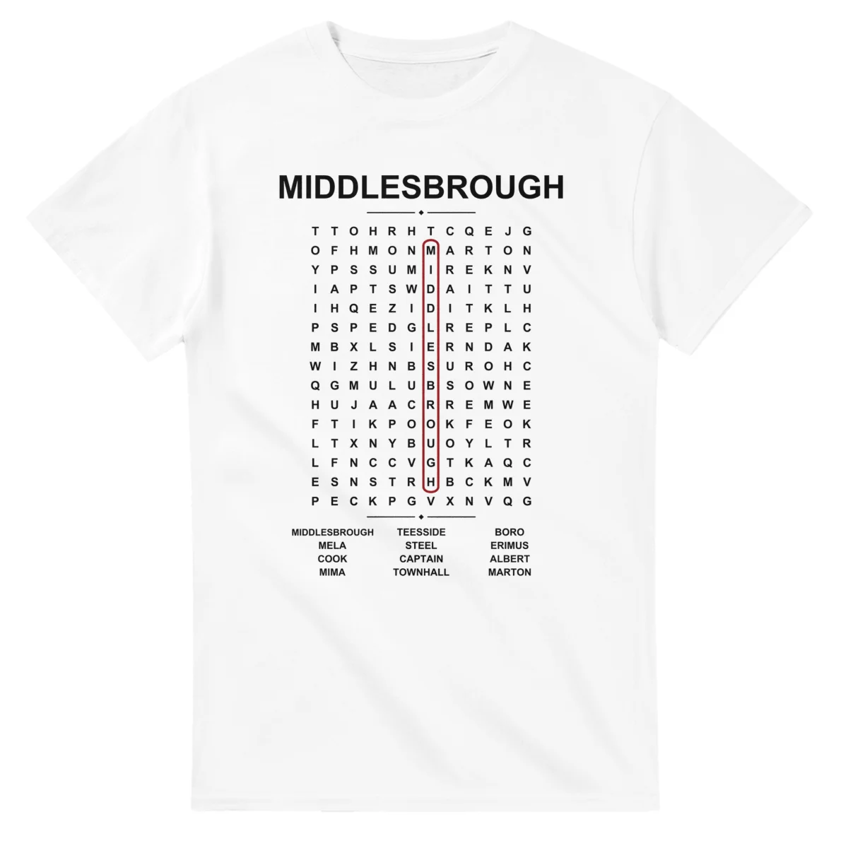 Word-search sheet for Middlesbrough, with a large place-name heading, a letter grid, a local answer list, and a red highlighted example word.
