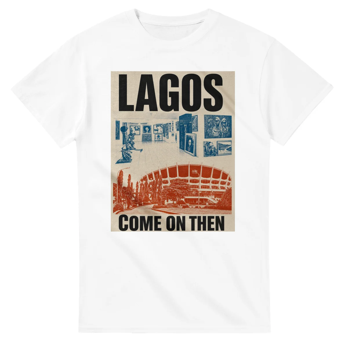 Two-colour scenic illustration for Lagos, with the place name and COME ON THEN lettering.