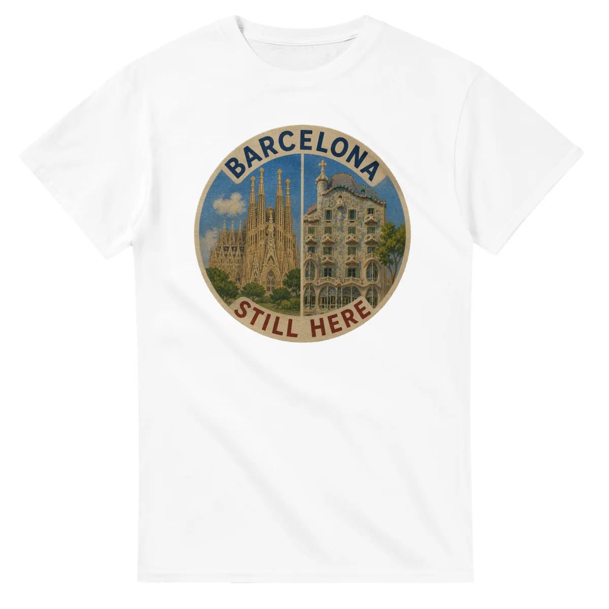 Painted, panelled scenic illustration for Barcelona, with paired local scenes and the place name in lettering.