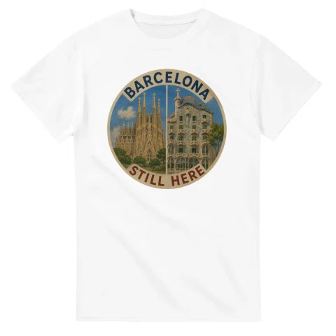 Painted, panelled scenic illustration for Barcelona, with paired local scenes and the place name in lettering.