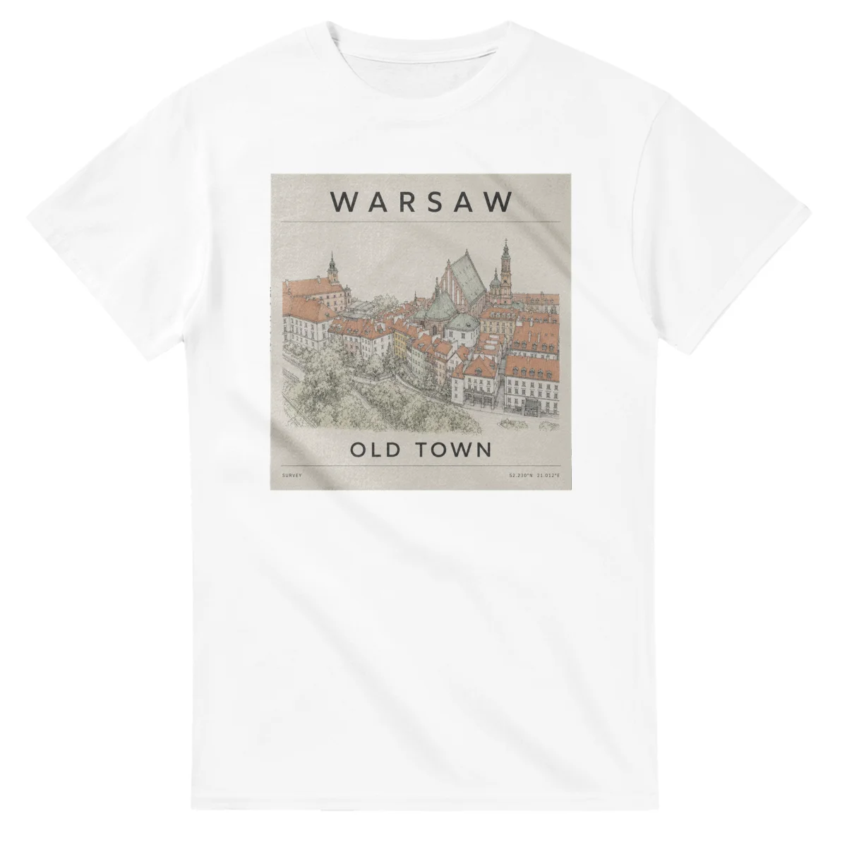 Fine-line engraving-style drawing for Warsaw, with a landmark caption and small coordinate text.