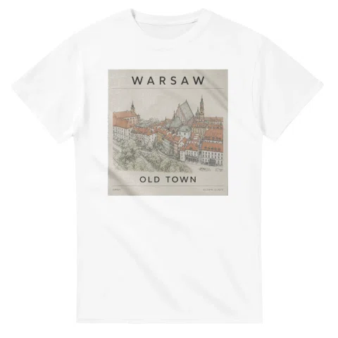 Fine-line engraving-style drawing for Warsaw, with a landmark caption and small coordinate text.