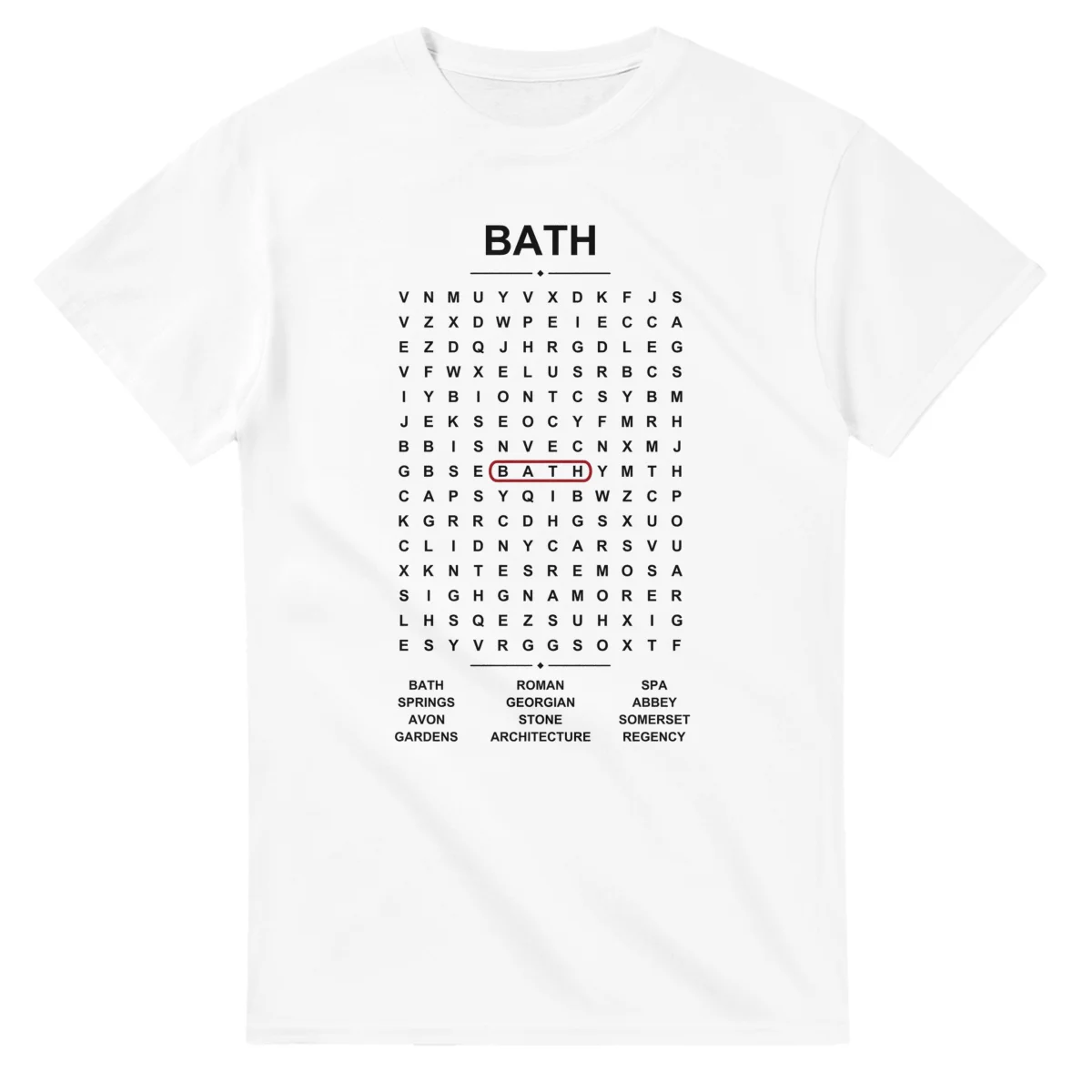 Word-search sheet for Bath, with a large place-name heading, a letter grid, a local answer list, and a red highlighted example word.