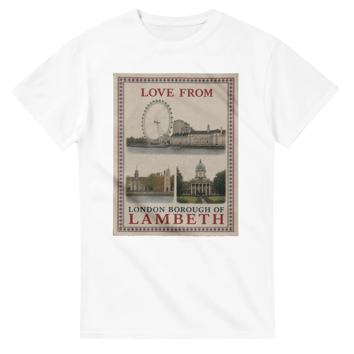 Framed scenic design for London Borough of Lambeth, with several local views, a decorative border and LOVE FROM lettering.