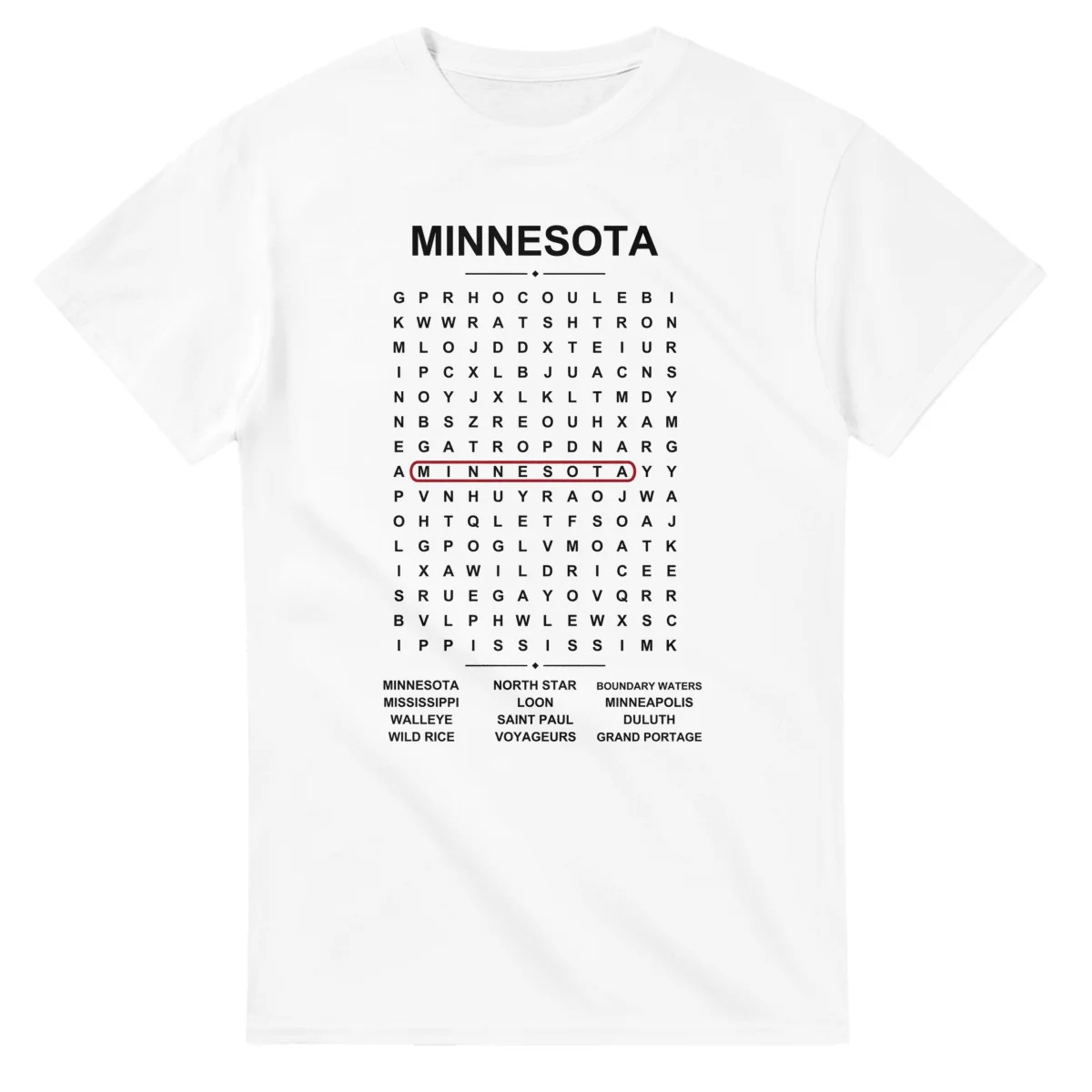 Word-search sheet for Minnesota, with a large place-name heading, a letter grid, a local answer list, and a red highlighted example word.