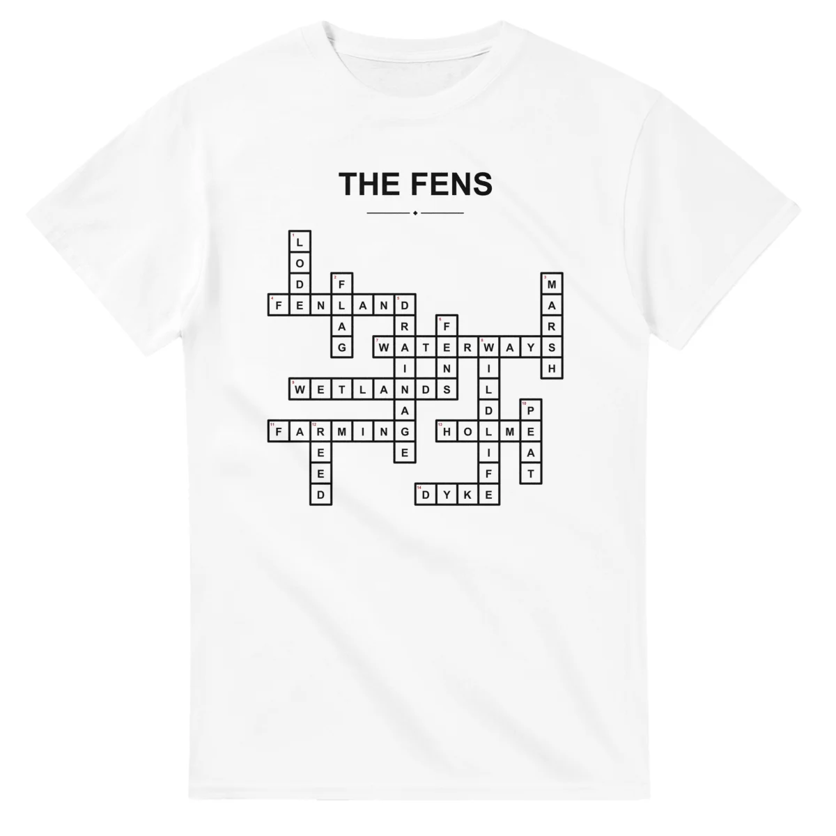 Monochrome crossword sheet for The Fens, with a large place-name heading, a letter grid, and numbered across and down clues.