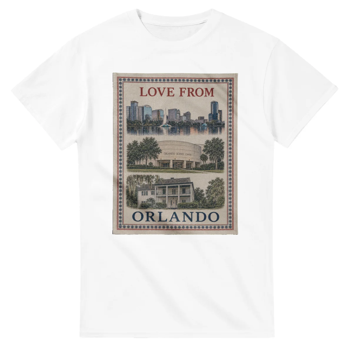 Framed scenic design for Orlando, with several local views, a decorative border and LOVE FROM lettering.
