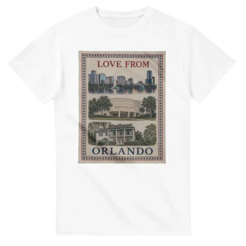 Framed scenic design for Orlando, with several local views, a decorative border and LOVE FROM lettering.