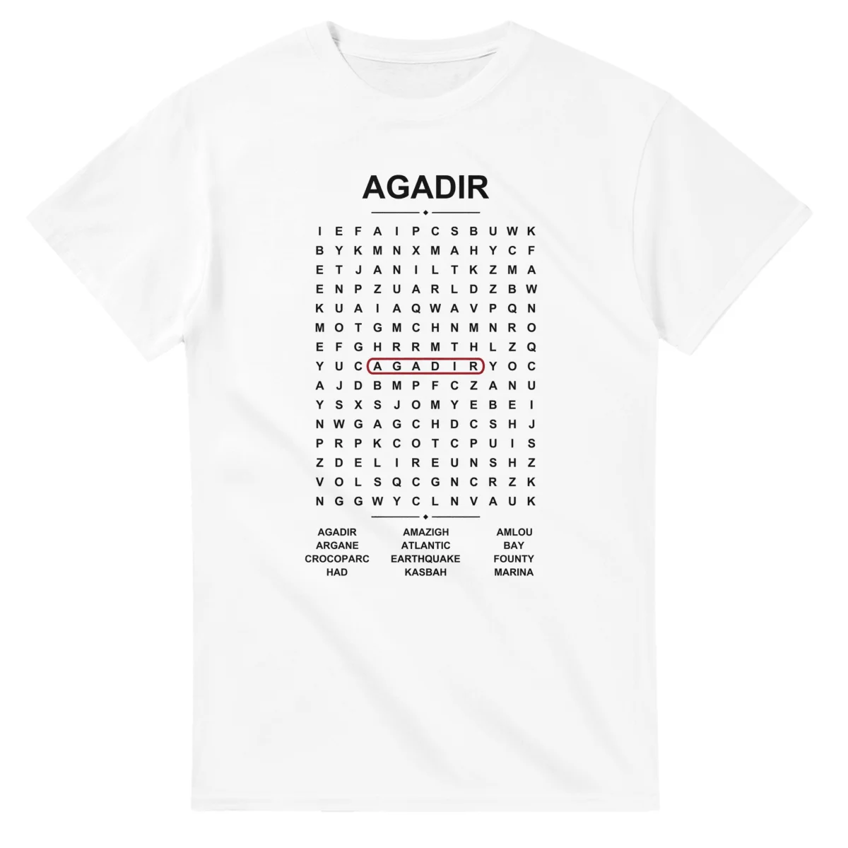 Word-search sheet for Agadir, with a large place-name heading, a letter grid, a local answer list, and a red highlighted example word.