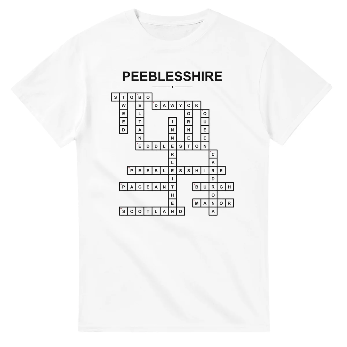 Monochrome crossword sheet for Peeblesshire, with a large place-name heading, a letter grid, and numbered across and down clues.