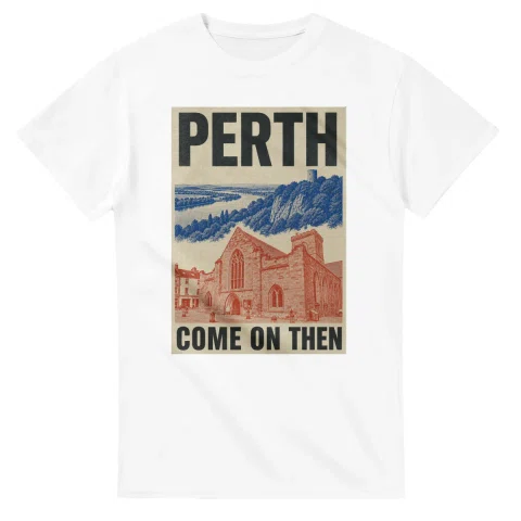 Two-colour scenic illustration for Perth, with the place name and COME ON THEN lettering.
