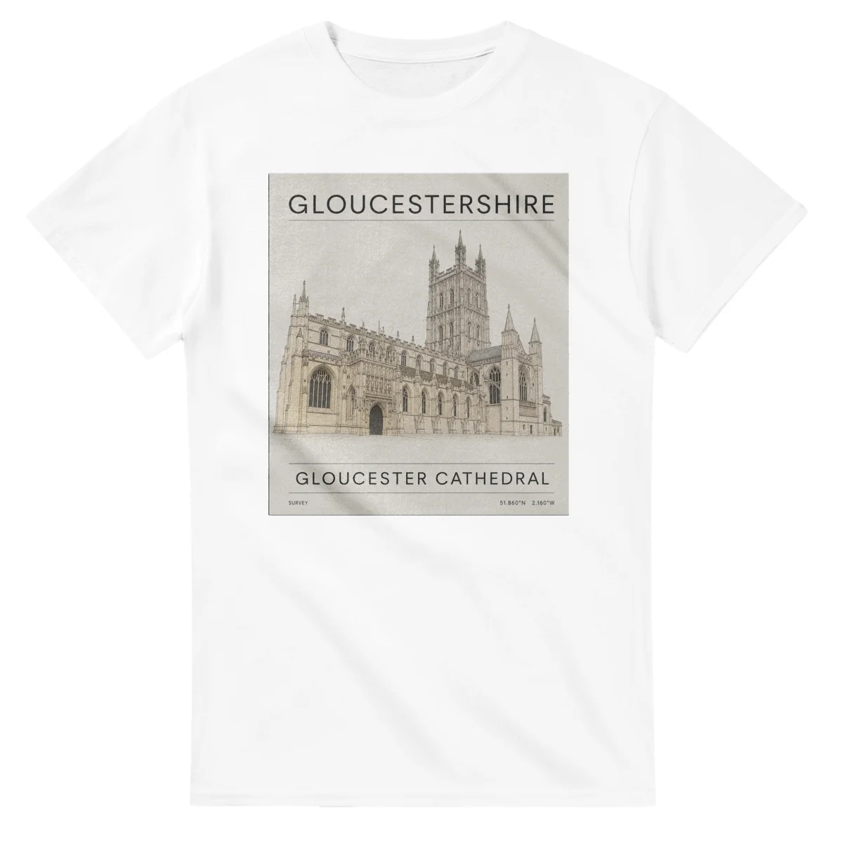 Fine-line engraving-style drawing for Gloucestershire, with a landmark caption and small coordinate text.