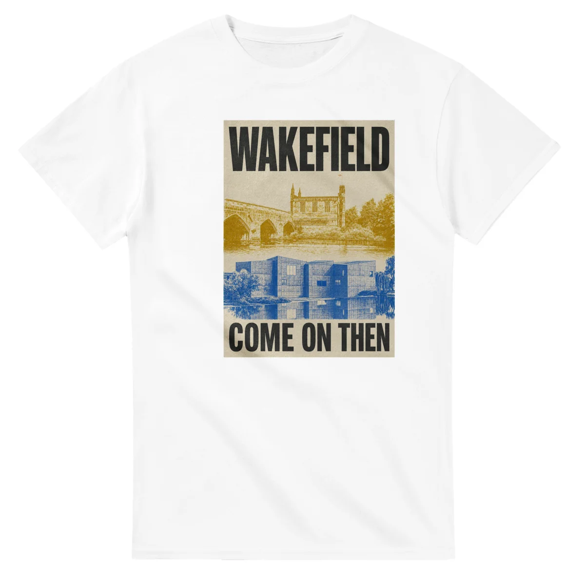 Two-colour scenic illustration for Wakefield, with the place name and COME ON THEN lettering.