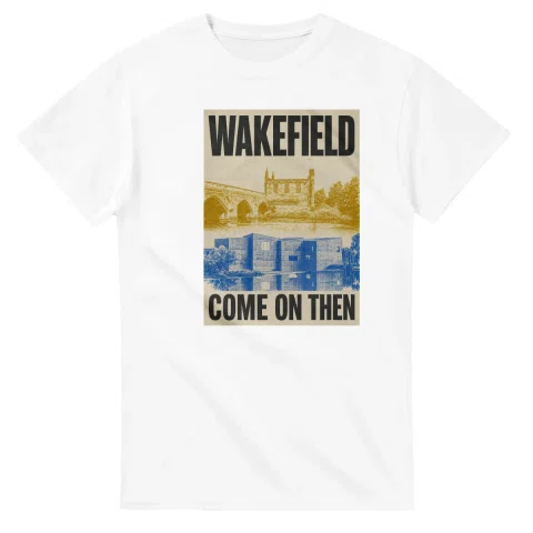Two-colour scenic illustration for Wakefield, with the place name and COME ON THEN lettering.