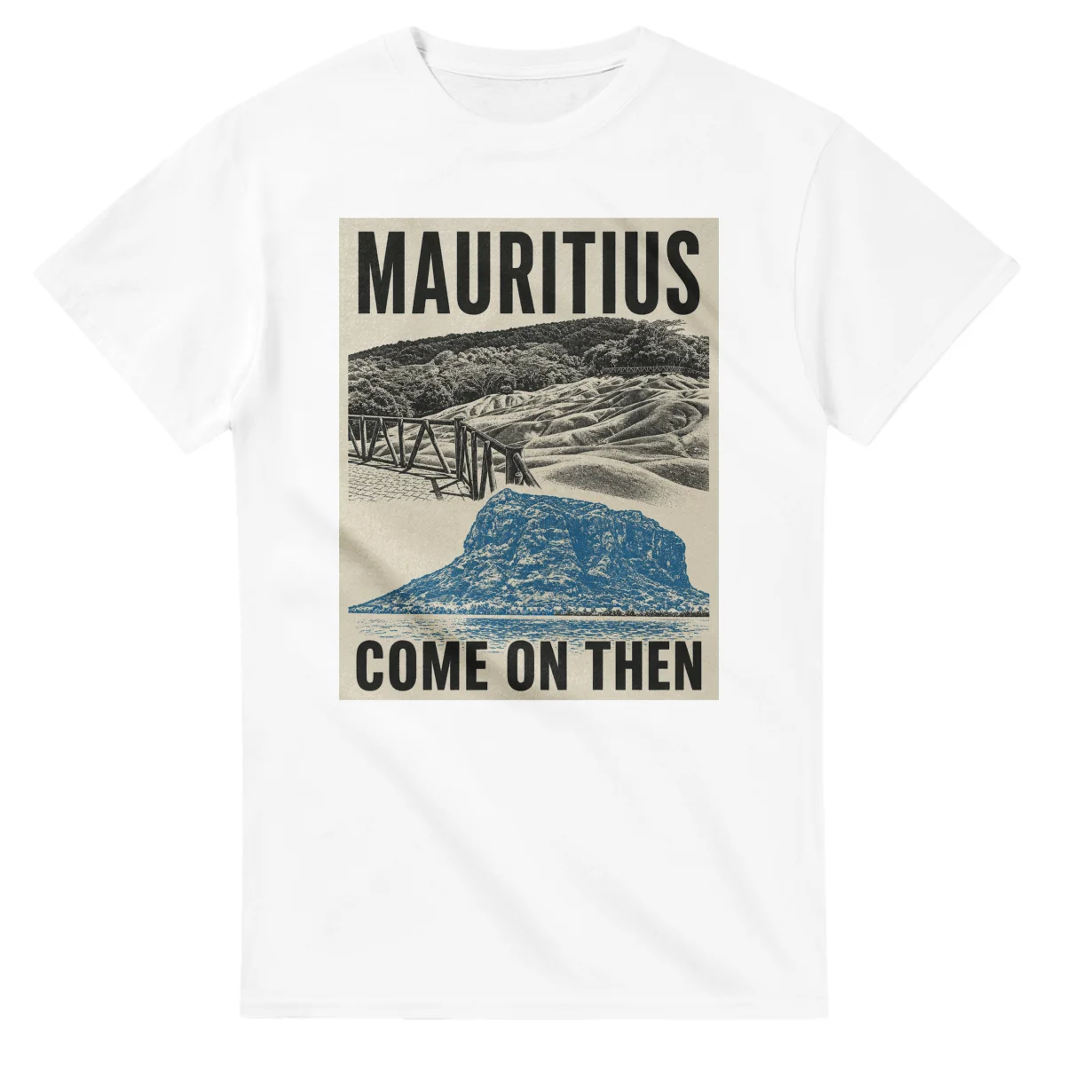 Two-colour scenic illustration for Mauritius, with the place name and COME ON THEN lettering.