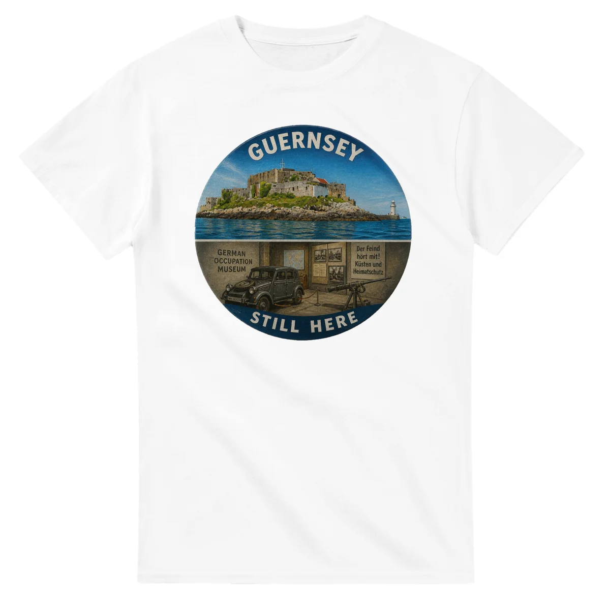 Painted, panelled scenic illustration for Guernsey, with paired local scenes and the place name in lettering.