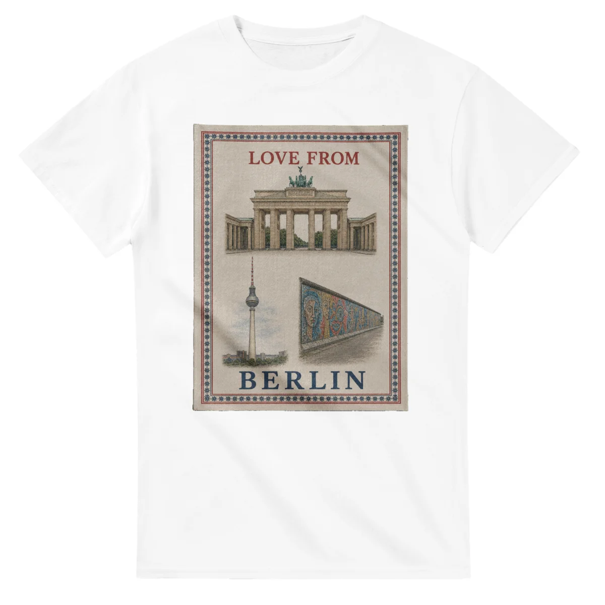 Framed scenic design for Berlin, with several local views, a decorative border and LOVE FROM lettering.